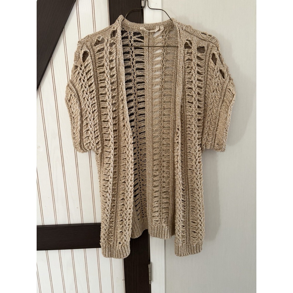 Soft Surroundings Beige Open Knit Cardigan Sweater Womens SM Boho Short Sleeve